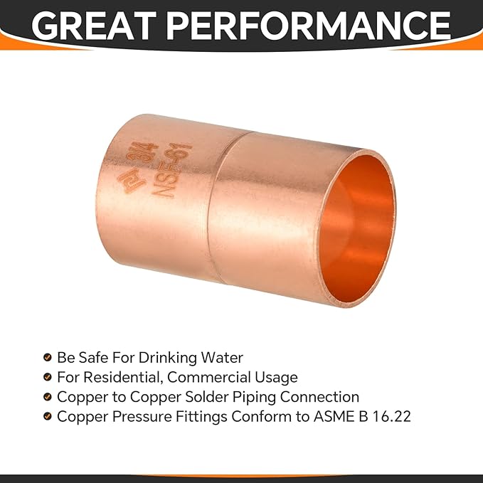 HeSun 200-Pack Copper Fittings, 3/4-Inch Copper Coupling with Rolled Stop, C x C with Sweat Solder Connection