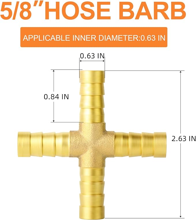 GASHER 5PCS 5/8" Brass Hose Barb, 4-Way Hose Fitting with 20 Hose Clamp Intersection/Lquid/Fuel/Air