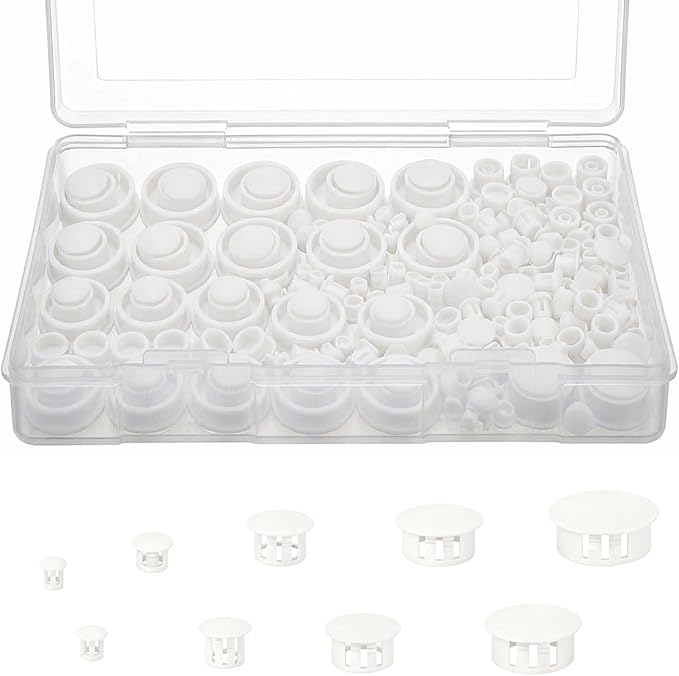 200Pcs Plastic Hole Plugs, 9-Size Round Nylon Screw Hole Cover 1/5" 1/4" 5/16" 3/8" 1/2" 5/8" 3/4" 7/8"1",White Flush Type Panel Knockout Locking Plugs,Drill Hole Insert End Caps for Furniture Cabinet
