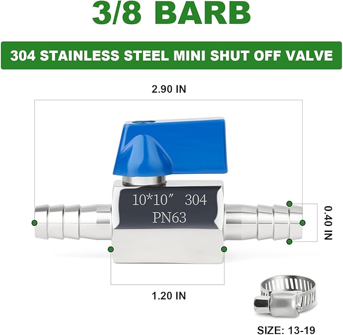 TAISHER 1PCS 304 Stainless Steel 3/8" Mini Ball Valve Shut Off Switch, 3/8” Hose Barb with 2PCS Hose Clamps