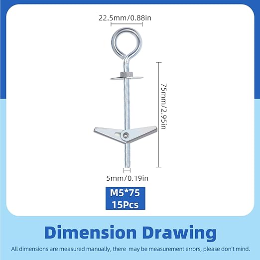 Glarks 15pcs M5 x 75mm O-Shaped Eye Bolt Toggle Anchors Set for Drywall, Toggle Bolts, Butterfly Anchors, Spring Toggle Wing Bolts for Ceiling, Sheetrock, Hollow Wall