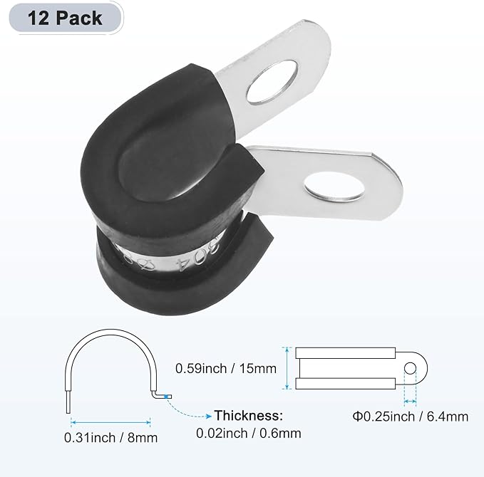 12-Pack Cable Clamps, 5/16 Inch/ 8 mm 304 Stainless Steel Rubber Cushioned Insulated Cable Clamp R Shape Metal Holder for Tube/Wire/Pipe/Loop Installation