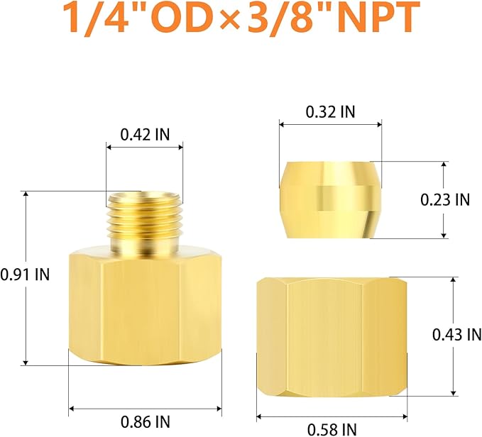 GASHER 10PCS Brass Compression Union Tube Pipe Fitting Connector, 1/4" Tube OD x 3/8" NPT Female Connector