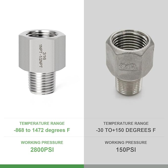 TAISHER 2PCS Forging of 316L Stainless Steel Pipe Fitting, Reducer Adapter, 1/2" NPT Male x 1" NPT Female, Reducing Pipe Adapter Fitting