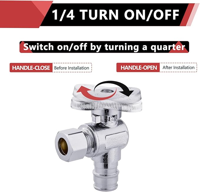 (Pack of 2) EFIELD Pex-a 1/4 Turn Angle Stop Valve 3/8" OD Compression x 1/2" Expansion (F1960) Chrome Plated Brass,(VALVE094)