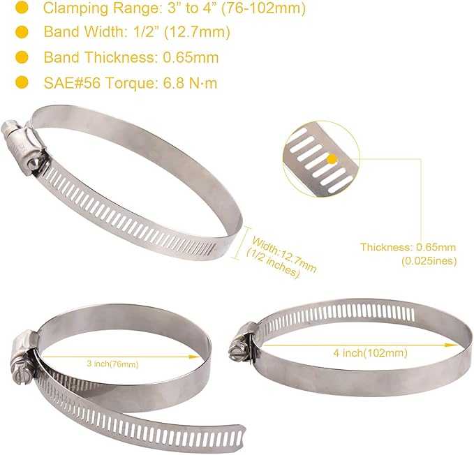 WINL 3.5'' Stainless Steel Hose Clamps- 8 Pack SAE 56 Worm Gear Drive Hose Clamps 3 Inch to 4 Inch (76mm-102mm) for Automotive Plumbing, 3 1/2'', 3 3/4’’, 3 1/4'' Clamps