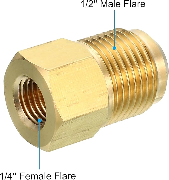 PATIKIL 1/4 Inch(7/16-20UNF) Female Flare x 1/2 Inch(3/4-16UNF) Male Flare Connector, SAE 45 Degree Brass Adapter Pipe Fitting for Air Gas Line Refrigeration HVAC