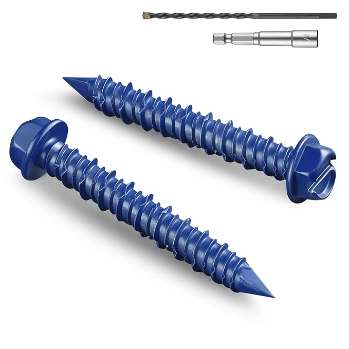 35Pcs 3/16 x 1-3/4 Inch Concrete Screws Anchor with Drill Bit, Blue Hex Head Masonry Brick Stucco Cement Block Screws, Diamond Point