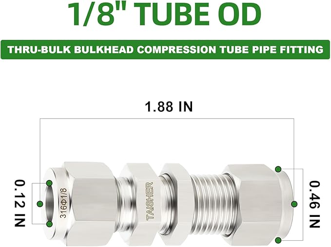 TAISHER 1PCS 316 Stainless Steel Thru-Bulk Bulkhead Compression Tube Pipe Fitting Connector, 1/8" Tube OD x 1/8" Tube OD Straight Adapter