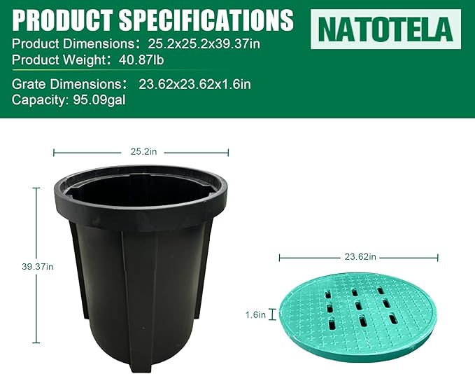 Catch Basin with Fiber Glass Grate-25x25x40 in. Round Catch Basin for Drainage with Debris Basket,French Drain Catch Basin Without Reserved Hole for Yard,Downspout,Lawn,Municipal Pipeline