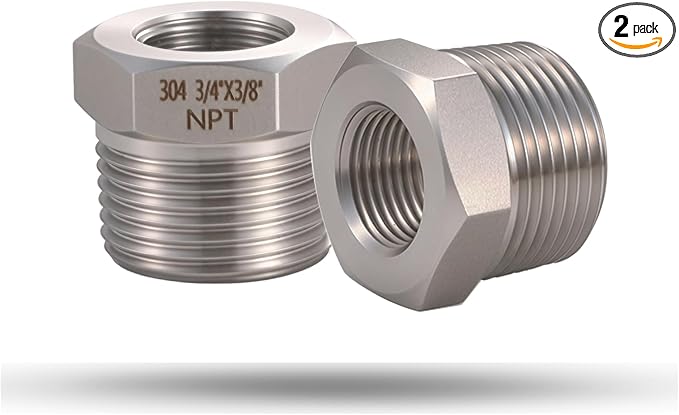 2 Pcs 3/4" Male NPT to 3/8" Female NPT Reducer Hex Bushing，304 Stainless Steel Pipe Fitting Hex Bushing, Heavy Duty Pipe Fitting Reducer Adapter