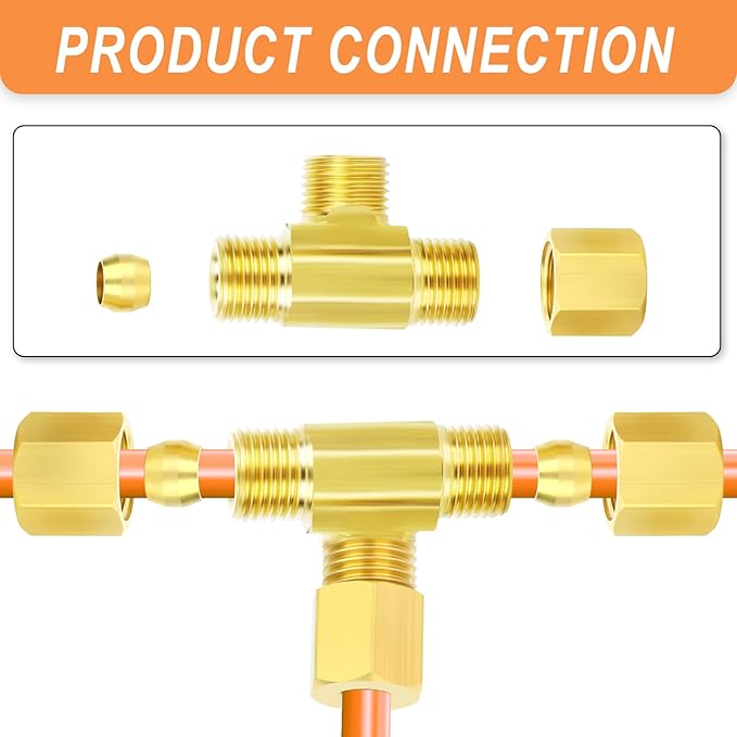 GASHER 5PCS Brass Compression Tube Pipe Fitting Connector, Tee，1/4" x 1/4" x 1/4" Tube OD Connector
