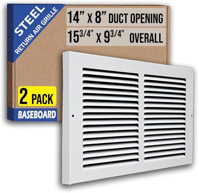 [2 Pack] Fits 14x8 Duct Opening | Steel Baseboard Return Air Grille by Handua | Vent Cover Grill | 7/8" Margin Turnback [Depth] to Fit Baseboard | White | Outer Dimensions: 15.75"W X 9.75 "H