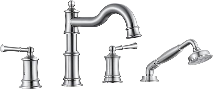 Roman Bathtub Faucet Set With Hand Shower 4 Hole Deck Mount Tub Filler With Diverter, 2 Lever Handle Rough-in Valve and Water Supply Lines Included for Bathroom Tub, Brushed Nickel