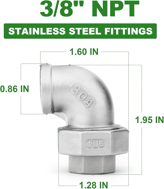 TAISHER 2PCS 304 Stainless Steel 90 Degree Elbow Union，3/8" NPT Female x 3/8" NPT Female Cast Pipe Fitting