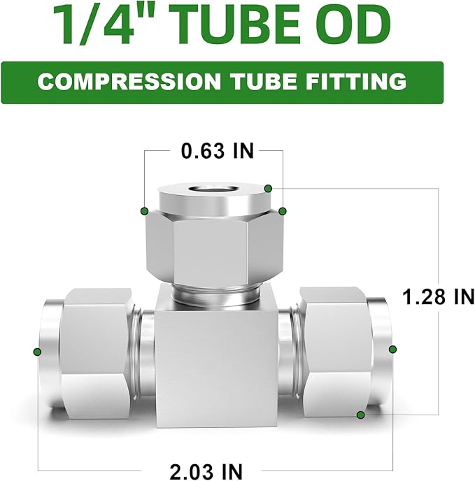 TAISHER 2PCS 304 Stainless Steel Compression Tube Pipe Fitting Connector, 1/4" Tube OD x 1/4" Tube OD x 1/4" Tube OD Tee Adapter