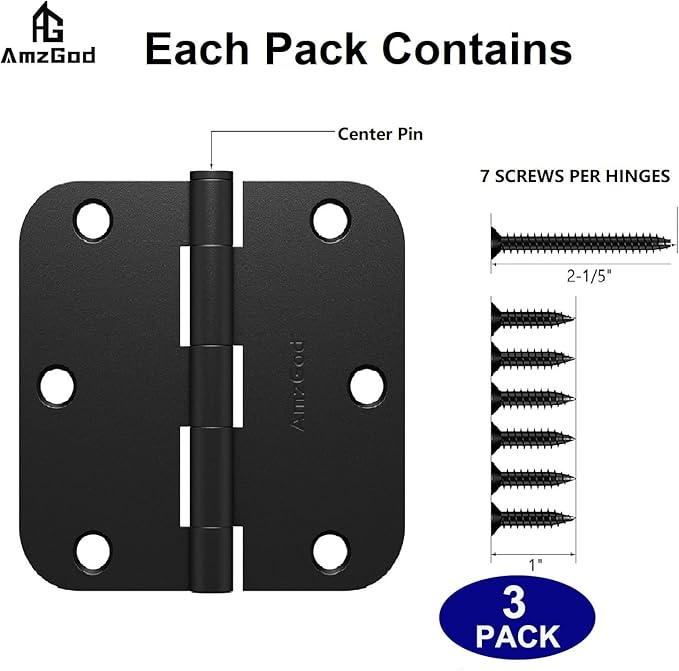 Door Hinges Matte Black - 3 Pack Black Door Hinges 3.5 Inch Rounded Interior Door Hinge with 5/8" Radius Corners - Black Hinges for Doors 3 1/2 Inches Flat Iron Residential Door Hardware
