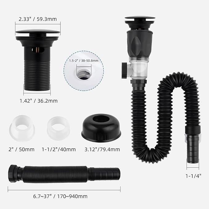 iFealClear Bathroom Sink Drain Kit, Flexible P-Trap Drain Pipe with Pop Up Stopper, Sink Pipe Replacement with 2 Adapters, Fits 1-1/4'', 1-1/2'', 2" Holes, Big Cover Cap, Brass Bounce Core, Black