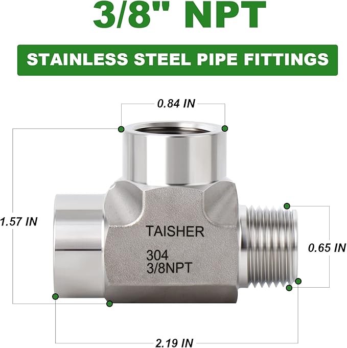 TAISHER 1PCS Forging of 304 Stainless Steel Tee Pipe Fittings, 3/8" NPT Female x 3/8" NPT Female x 3/8" NPT Male Pipe Fittings, Male Run Tee