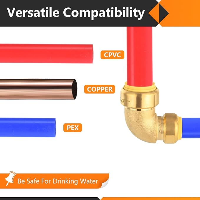 10-Pack HeSun Pushfit 90 Degree Elbow, 1"x3/4" Push to Connect Plumbing Fittings with Disconnect Clips, Brass Push-fit Fittings for PEX, Copper, CPVC, PE-RT Pipes(PF146-10)