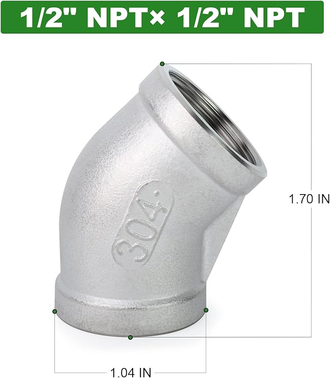 TAISHER 2PCS 304 Stainless Steel 45 Degree elbow,1/2 Inch NPT Female Pipe to 1/2 Inch NPT Female 304 Stainless Pipe Fitting
