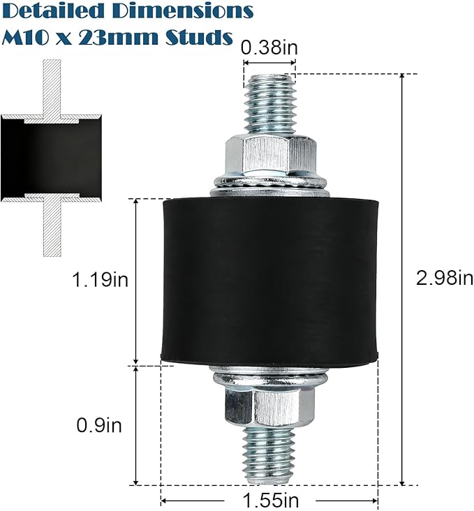 Rubber Vibration Isolator Mounts, 40 x 30mm Shock Absorber Rubber Mounts, with M10 x 23mm Studs 4 Pcs