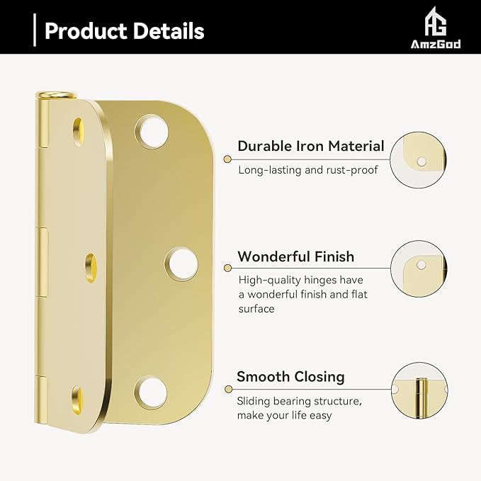 Door Hinges Polished Brass - 12 Pack Gold Door Hinges 3.5 Inch Rounded Interior Door Hinge with 5/8" Radius - 3 1/2 Inches Flat Iron Brass Hinges for Residential Standard Doors