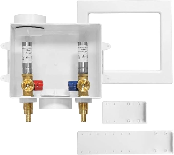 Washing Machine Outlet Box, Center Drain/Side Drain, 1/2 Inch Pex Crimp Inlet x 3/4 Inch MHT Outlet Connection, with Stainless Steel Water Hammer Arrestor (Pack of 50)