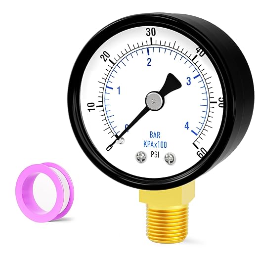 0-60psi Well Pump Pressure Gauge 1/4" NPT 2" Face Dial Size Lower Mount, Multifunctional Practical Dry Pressure Gauge, for Water, Oil and Air Compressor