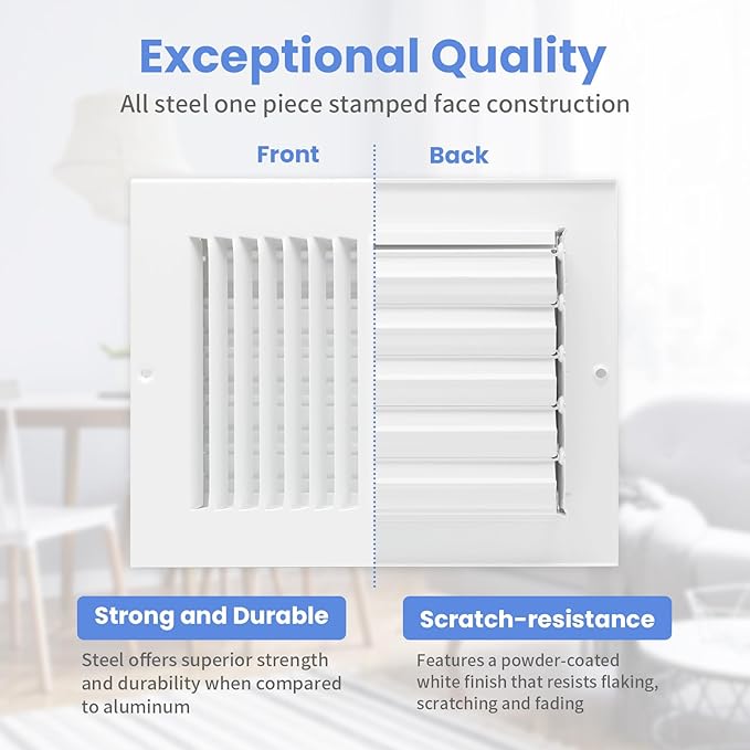 8 x 6 Inch [Duct Opening] Air Vent Covers for Wall or Ceiling - High Airflow 2 Way Steel Ventilation - Adjustable Wall/Ceiling Register, 9-3/4 Inch x 7-3/4 Inch [Overall Dimensions]