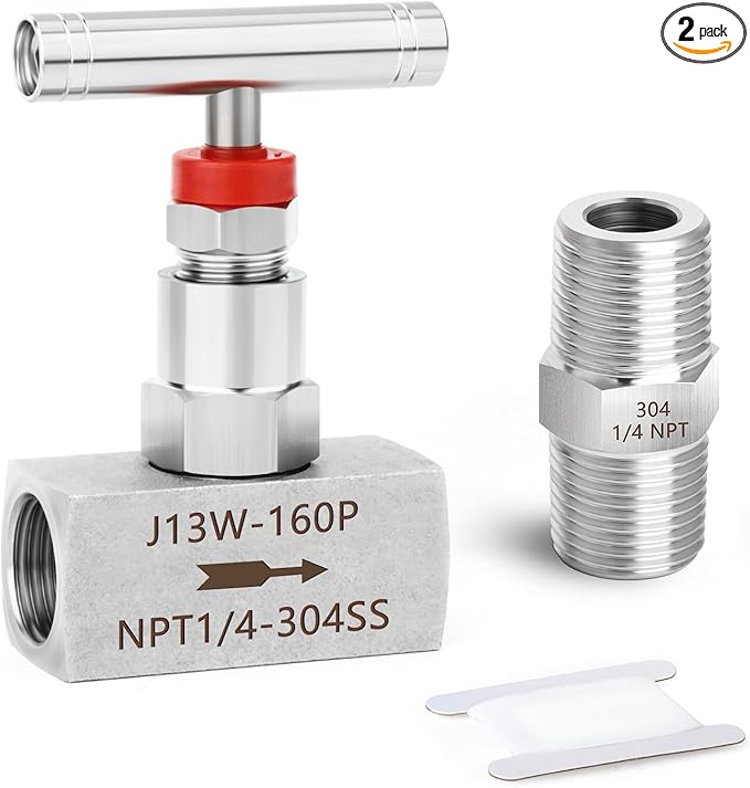 TAISHER 2PCS 304 Stainless Steel High Pressure Straight Needle Valve 1/4" Female NPT For Flow Control Water Gas Oil With Nipple