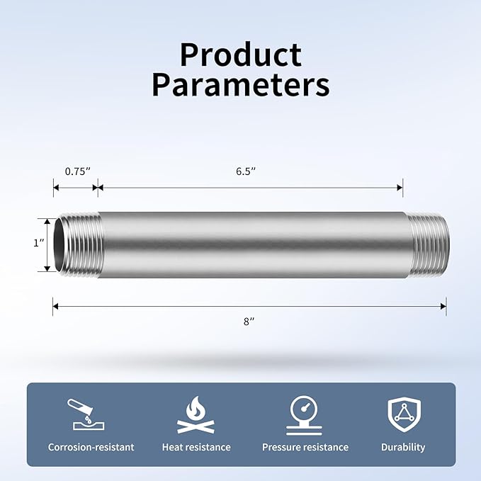 1"x8" 304 Stainless Steel Pipe, 1" NPTx 1" NPT Male Threaded Nipple, SCH40 Heavy Duty Pre-Cut Steel Pipe for Plumbing Gas, Hydraulic, and Industrial Applications(8", 6 Piece)