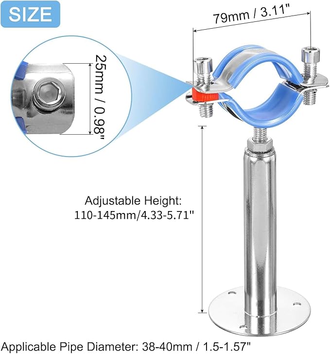 2 Pack Stainless Steel Wall Mount Ceiling Mount Pipe Supports, Adjustable Pipe Strap Bracket Clamp with Screws for Pipe 38-40mm 1-1/4" Adjustable Height 110-145mm