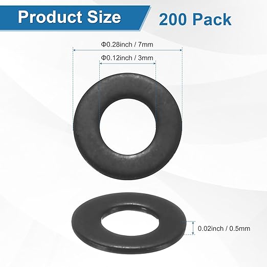 200-Pack M3 Flat Washers, Metric 7mm OD 0.5mm Thick 304 Stainless Steel Washers for Bolts Screws Nuts for Automotive/Machinery/Furniture, Flat Metal Washers [Black Galvanized]