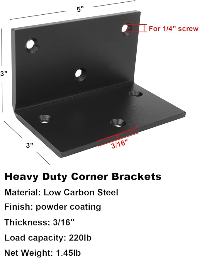 heneng 2 Pcs L Shaped Right Angle Brackets, 3" x 5" x 3", 90 Degree Corner Brace for Wood Furniture, Shelf & Pergolas, Max Load 220 lbs, 3/16" Thick