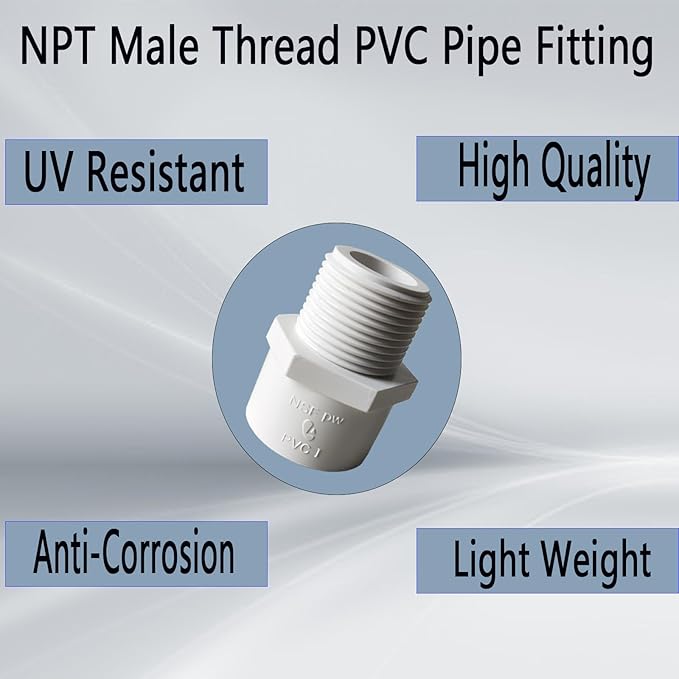 10Pcs 3/4 inch NPT Male Thread PVC Pipe Fitting Adapter Connector(Socket x NPT Male), 3/4 inch PVC Pipe Fitting for Sch40 Pipe for Plumbing Water Line