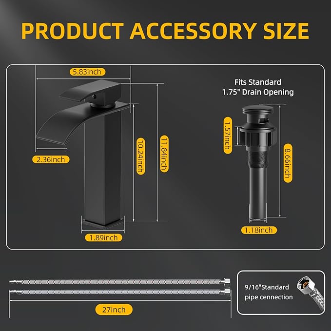 Rywuanku Matte Black Bathroom Faucet Waterfall Spout, Single Handle Sink Faucet with Pop-up Drain & Deck Plate, Modern 1 Hole Vanity Faucet for Vessel Sink