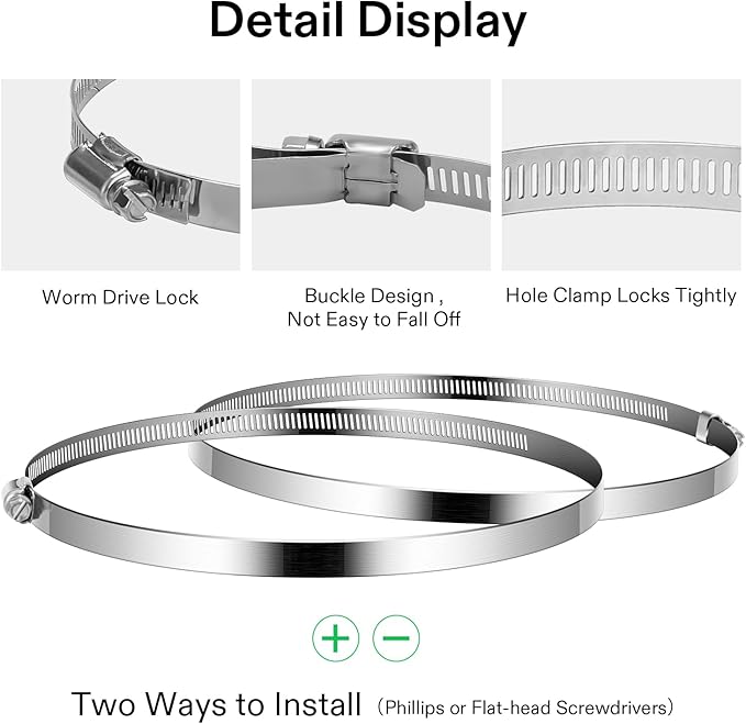 VIVOSUN Stainless Steel Air Ducting Clamps, 6/8/12 Inch Adjustable Hose Clamps with Worm Drive for Ducting, Heating, Cooling, Exhaust, and Ventilation (Pack of 4)