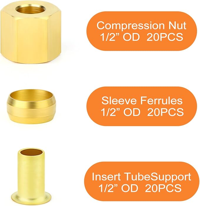 GASHER 60PCS Brass Compression Fitting Kit,Sleeve Ferrules&Insert Tube Support&Ferrule head,1/2" Tube OD