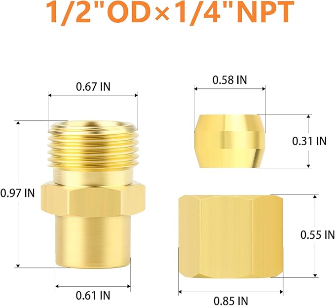 GASHER 5PCS Brass Compression Union Tube Pipe Fitting Connector, 1/2" Tube OD x 1/4" NPT Female Connector
