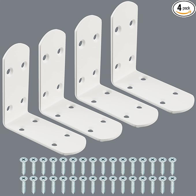 Alise 4Pcs Stainless Steel L Brackets for Shelves White, Small Floating Shelf Brackets, 90 Degree Right Angle Bracket, Heavy Duty Metal L Bracket Corner Brackets for Wood Furniture (3.35X3.35 in)