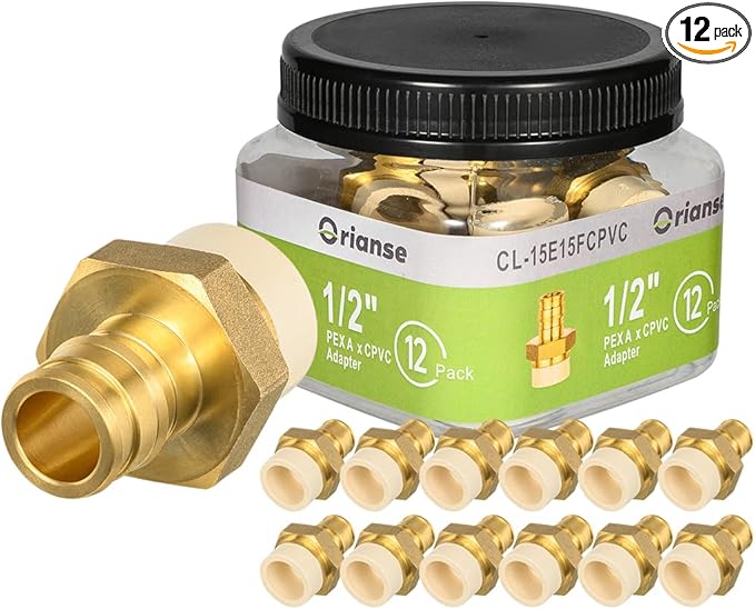 12 Pack 1/2" Pex-A x 1/2" CPVC Transition Adapter Heavy Duty Brass Barb PEX Fittings for for PEX-A and cPVC Pipe Connection,Lead-Free Brass NSF/ANSI 61 NSF 372 Certificate, ASTM F1960