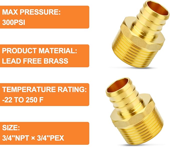 GASHER 6Pcs No Lead Brass 3/4" Pex Male Adapter, 3/4" Male NPT to 3/4" PEX Adapter for Pex Tubing