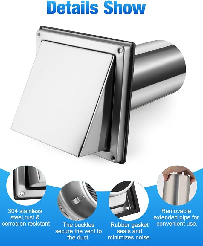 4" Dryer Vent Cover Outside with Screen, Hooded Wall Vent with Non-Return Flap for Kitchen Range Hood Dryer Ventilation (with Detachable Extended Pipe Vent Hood, Stainless Steel)