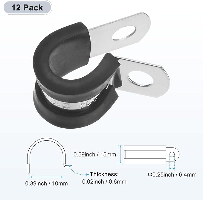 12-Pack Cable Clamps, 25/64 Inch/ 10 mm 304 Stainless Steel Rubber Cushioned Insulated Cable Clamp R Shape Metal Holder for Tube/Wire/Pipe/Loop Installation