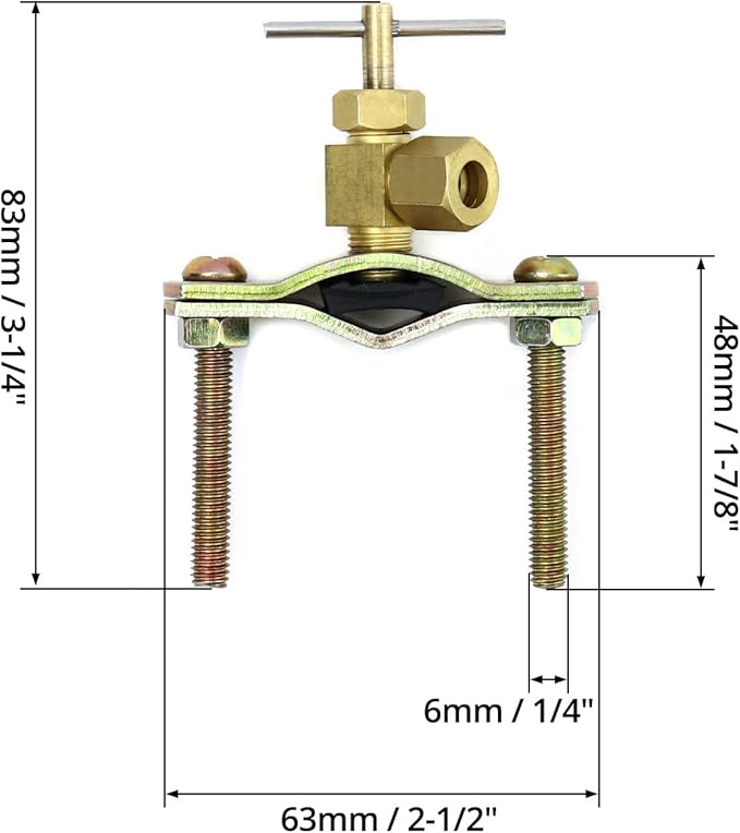 QWORK Self-Tapping Saddle Valve, Pack of 2, Copper Needle Valve with 1/4" Compression Outlet, Fit 3/8" to 1-1/4" OD Tube