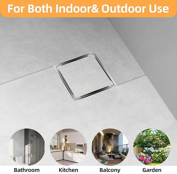 6-Inch Square Shower Drain Kit with Tiled Insert Grate, Brushed Stainless Steel Cover, PVC Bonding Flange & Hair Strainer, Fits 2" & 3" Pipes for Tiled Floors