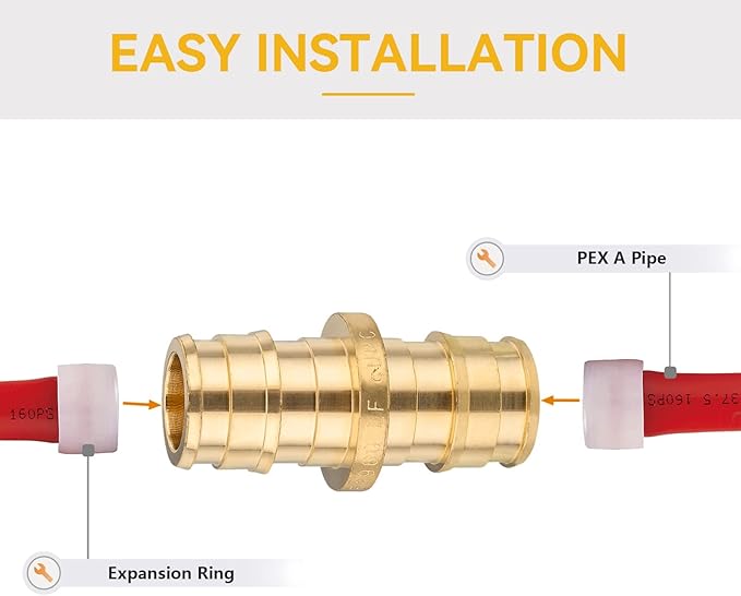 PEX A Expansion Fitting,1/2 Inch F1960 Expansion Brass Coupling,10 Pack 1/2"x 1/2" Straight Coupling for PEX A Pipe Tubing Connection(PEX1960008)
