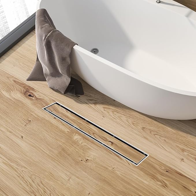 Linear Shower Drain 32 Inch, Brushed AISI 304 Stainless Steel Shower Drain with 2-in-1 Tile Insert Panel, for Bathroom, Kitchen, Garage & More
