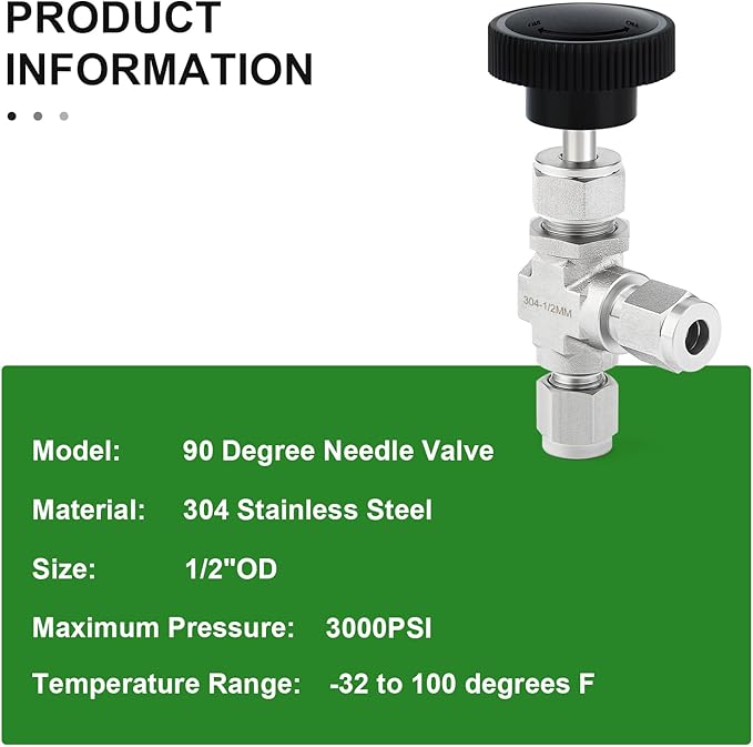 TAISHER 1PCS 304 Stainless Steel Compression Tube 90 Degree Needle Valve 1/2" Tube OD x 1/2" Tube OD For Flow Control Water Gas Oil